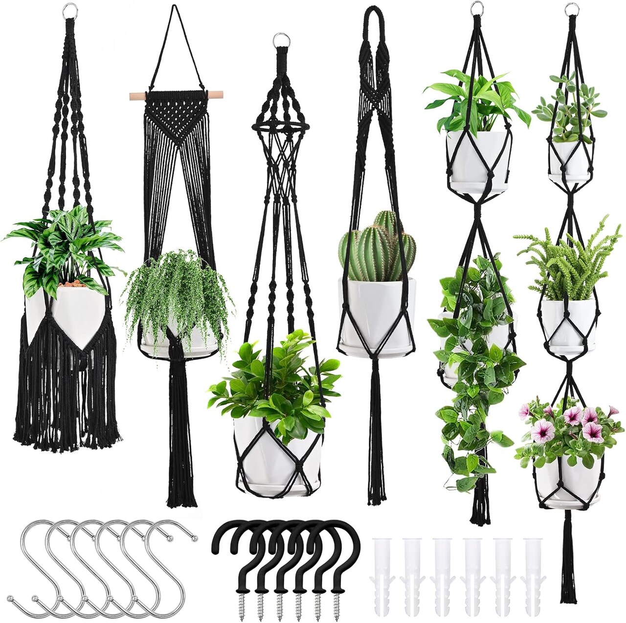 Macramé Plant Hangers – 6-Pack Indoor Hanging Planters with 6-Piece Hanger Kit, Handmade Boho Flower Pot Holders for Home Décor (Pots Not Included)